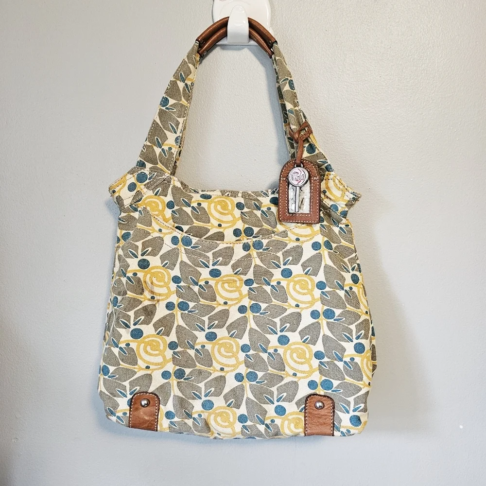 Fossil canvas Floral Patterned Tote Bag with Yellow and Blue Accents - Picture 3 of 11